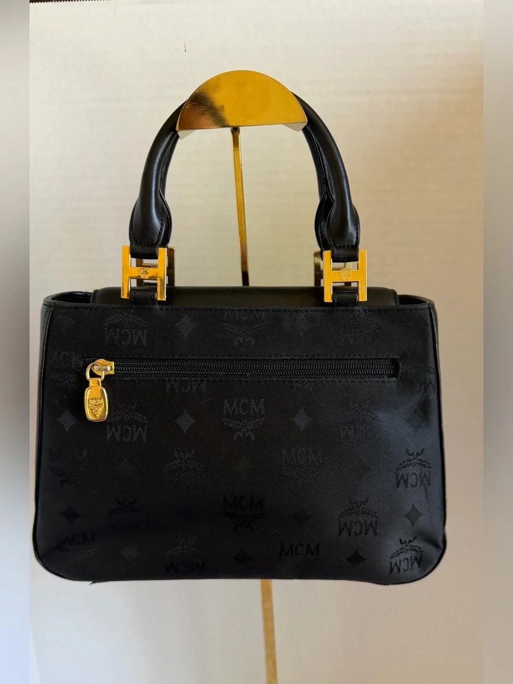 MCM Black canvas Logo Plaque Top-Handle Bag